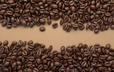 Fresh roasted coffee beans frame 3d rendering background. Masses of coffee beans close up. Top view