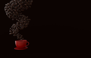 Cup of coffee and realistic coffee beans floating, 3d rendering background. Masses of coffee beans close up.