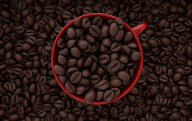 Cup of coffee and realistic coffee beans flat lay, 3d rendering background. Masses of coffee beans close up.