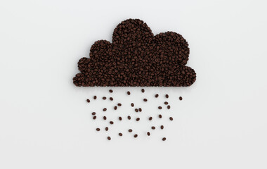 Coffee cloud and rain made of realistic coffee beans 3d rendering