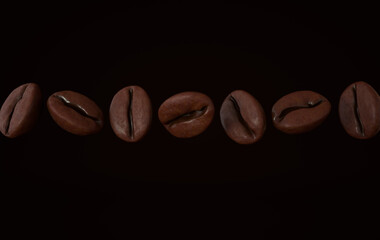 Dark freshly roasted coffee beans 3d rendering background. Masses of realistic coffee beans close up.
