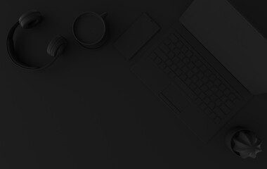 Laptop, phone, headphones, cup of coffee 3d rendering. Remote work, freelance, work space, lockdown, stay at home concept. Top view, black color