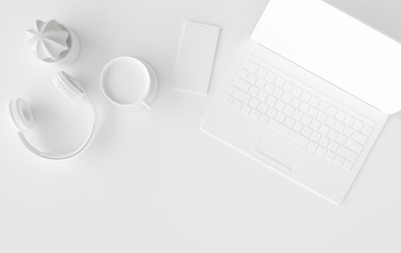 Laptop, phone, headphones, cup of coffee 3d rendering. Remote work, freelance, work space, lockdown, stay at home concept. Top view, white color