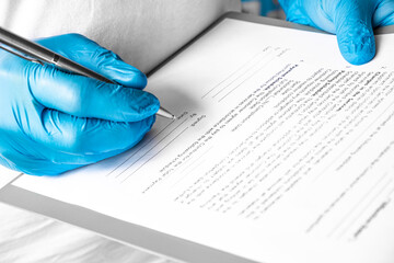 education and medical profession concept. Close up of doctor's hands in rubber gloves and working with documents on isolated white. safe business