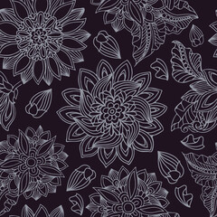 Fototapeta na wymiar seamless pattern in baho style, round abstract flowers on dark purple background, print for packaging, textiles, fabrics, vector illustration