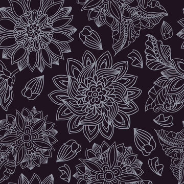 seamless pattern in baho style, round abstract flowers on dark purple background, print for packaging, textiles, fabrics, vector illustration