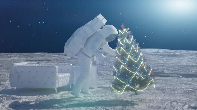 spaceman celebrates new year and Christmas in front of a festive Christmas tree, 3d render