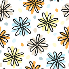Fototapeta na wymiar Beautiful colored contour flowers isolated on white background. Cute floral seamless pattern. Vector flat graphic hand drawn illustration. Texture.