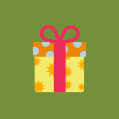 Yellow Christmas gift box with pink ribbon isolated in green background. Flat design. 