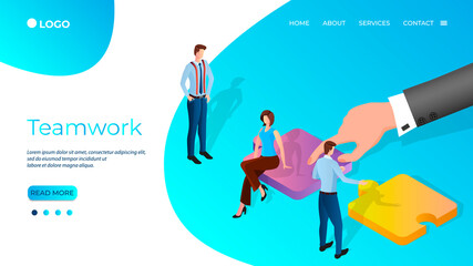 Teamwork.Business people collect puzzles.The concept of finding solutions in business.Getting out of difficult situations.Isometric vector illustration.The template of the landing page.