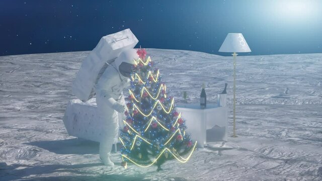 spaceman celebrates new year and Christmas in front of a festive Christmas tree, 3d render