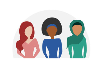 Three multi ethnic women standing side by side dressed in colorful clothes. Women empowerment, girl power, feminism and diversity concept