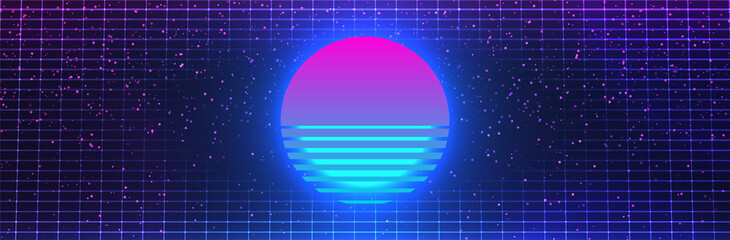 Synthwave sun. 80s retro futuristic planet. Pink and blue cyan color. Grid and dark sky with stars. Vector background 