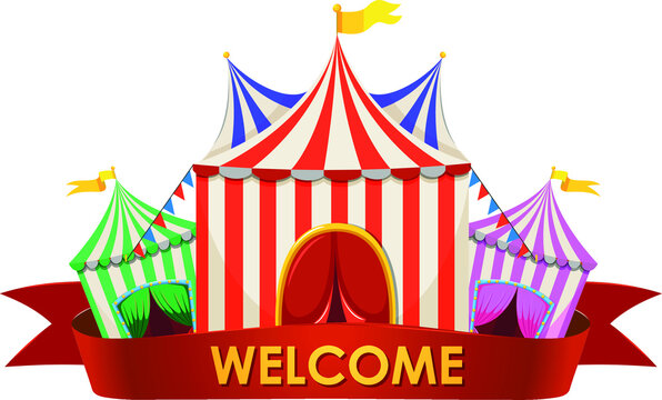 vector illustration of cartoon carnival circus icon with tent and flags isolated on white background.Print, design element.