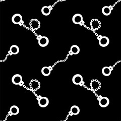 White Metal Handcuffs Seamless Pattern Isolated on Black Background.