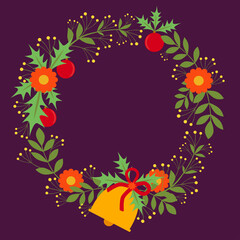 Christmas garland on purple background. Wreath illustration, Round floral frame, Flat design.