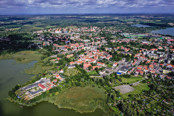 Fototapeta premium Aerial drone photo of Morag, small town in Warmia Mazury region of Poland