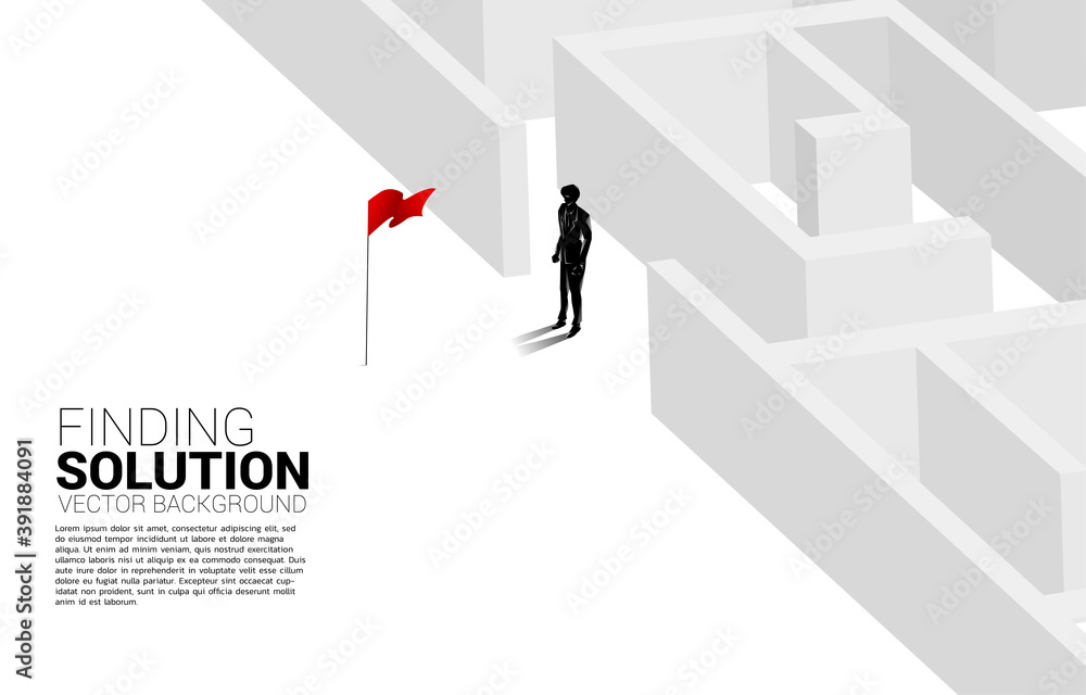 Poster Silhouette of businessman find the way out from maze to red flag. business concept for finding solution and reach goal