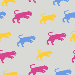 Blue, yellow, pink cats, wild cats silhouette, seamless pattern, vector
