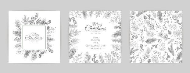 Merry Christmas greeting card with new years tree. Vector holiday illustration.