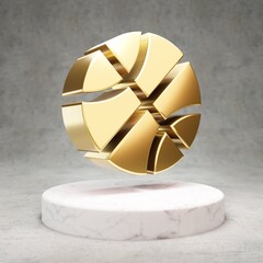 Basketball Ball icon. Shiny golden Basketball Ball symbol on white marble podium.