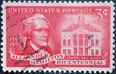 USA - Circa 1957 : a postage stamp printed in the US showing a portrait of statesman Alexander...