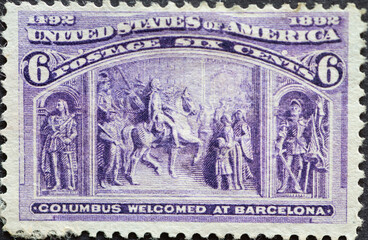 USA - Circa 1893  a postage stamp printed in the US showing a historical drawing with Columbus...