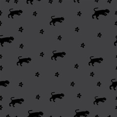 Black cats and black flowers, animals and botanical illustration, seamless pattern, vector