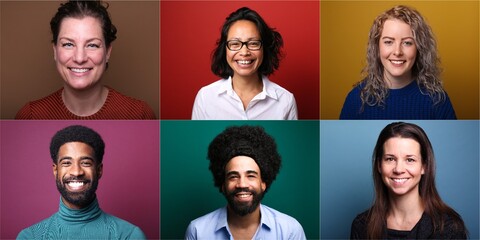 Group of 6 different people in front of a colored background