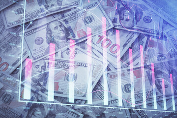 Double exposure of forex graph drawing over us dollars bill background. Concept of financial markets.