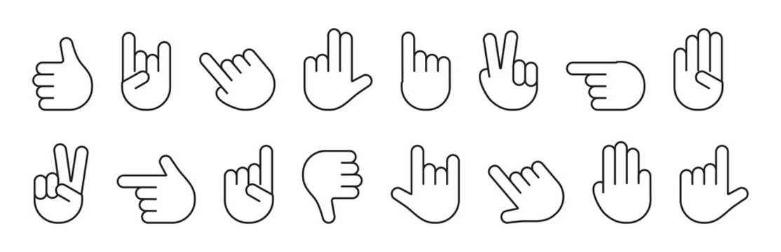 Different hands gestures of human, set of black line icons isolated on white background. Vector illustration