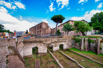 Fototapeta na wymiar ROME, ITALY - JUNE 2014: Ancient ruins of Trajan Forum or Foro Traiano in Rome