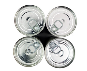 Top view of silver top pull tab beverage cans. Isolated.