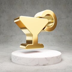 Cocktail icon. Shiny golden Cocktail symbol on white marble podium.