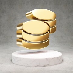 Coins icon. Shiny golden Coins symbol on white marble podium.