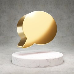 Comment icon. Shiny golden Comment symbol on white marble podium.