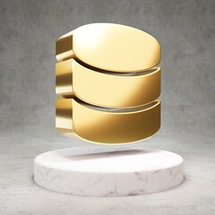 Database icon. Shiny golden Database symbol on white marble podium.