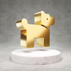 Dog icon. Shiny golden Dog symbol on white marble podium.