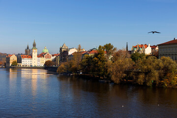 Obraz premium Colorful autumn Prague Old Town above River Vltava, Czech Republic