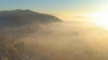 DRONE: Golden early winter sunbeams illuminate the frosty rural landscape.