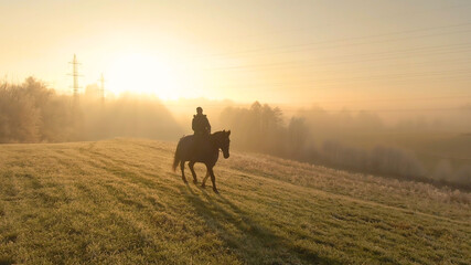 COPY SPACE: Woman rides a brown horse across a pasture on foggy winter morning.