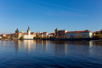 Colorful autumn Prague Old Town above River Vltava, Czech Republic