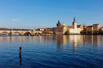 Colorful autumn Prague Old Town above River Vltava, Czech Republic
