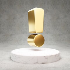 Exclamation icon. Shiny golden Exclamation symbol on white marble podium.