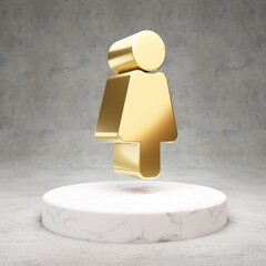 Female icon. Shiny golden Female symbol on white marble podium.