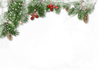 Christmas decorations on white  background. border with fir branches, red berries and cones. Copy space