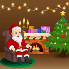 Santa Claus sitting in armchair near fireplace and christmas tree in living room