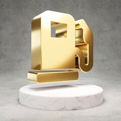 Gas Pump icon. Shiny golden Gas Pump symbol on white marble podium.
