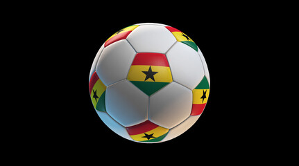 Soccer ball with the flag of Ghana on black background. 3D Rendering
