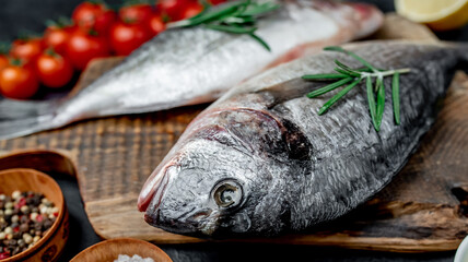  Raw dorado fish with spices on a stone background